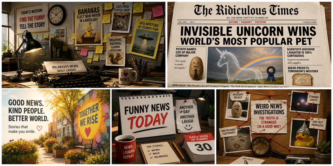 A weird-news desk arranged around video verification and unusual objects.